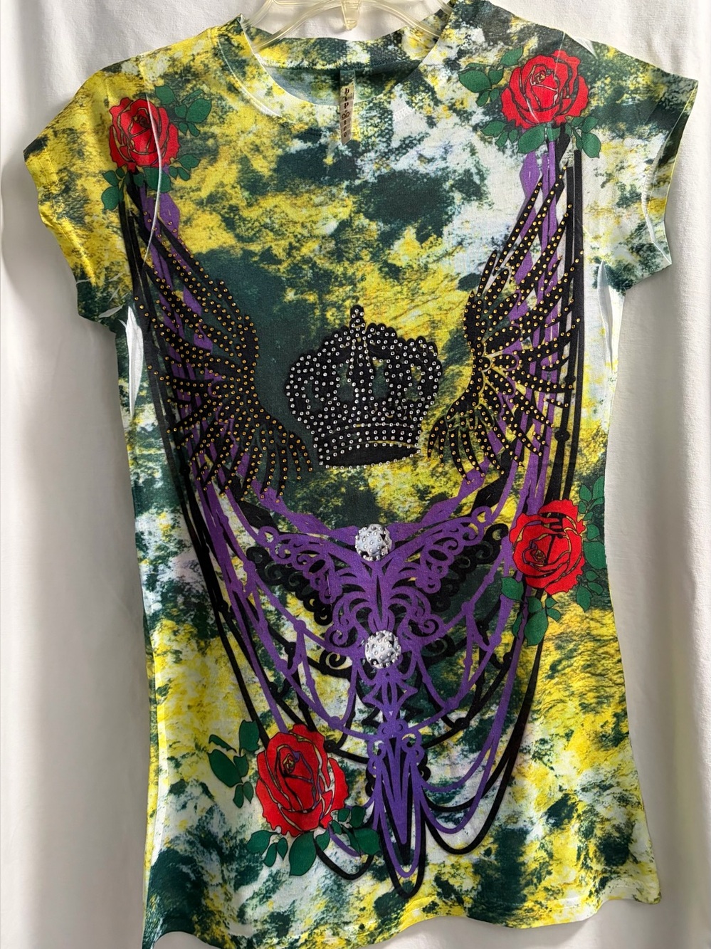 Women’s Yellow Green Tie-Dye Graphic Tee with Red Rose Accents
